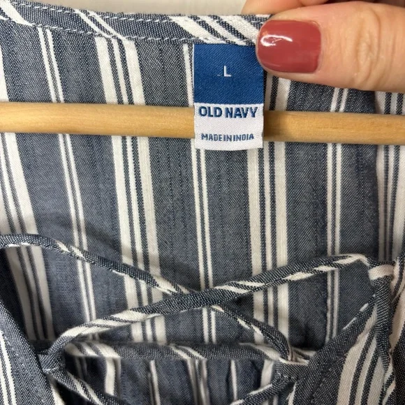 NWT Striped Tiered Lace-Up Mini Swing Dress, Blue Stripe Long Sleeve,‎ Large - Picture 8 of 17